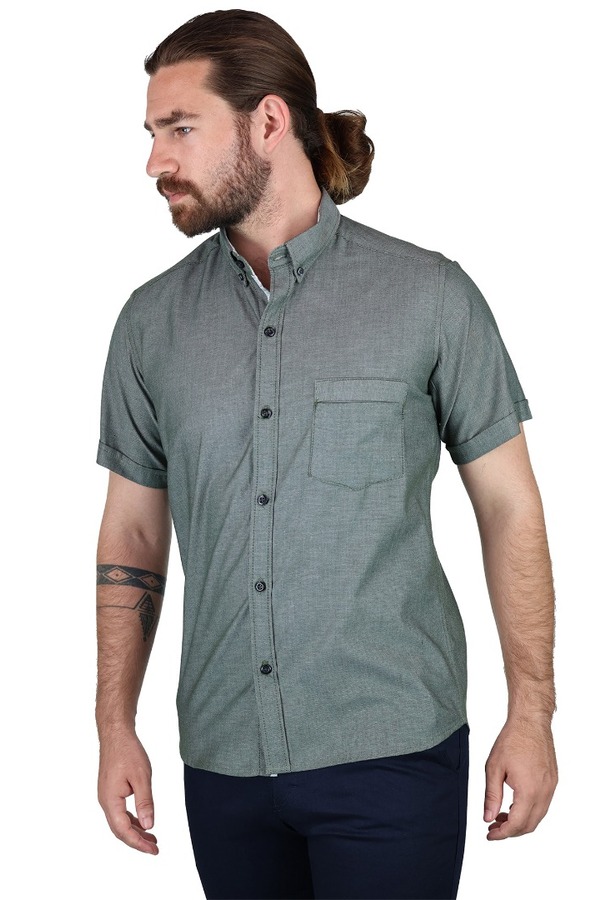 Camisa Manga Corta Verde Olivo Jaspe Con Bolsa Semi Oculta Para Caballero