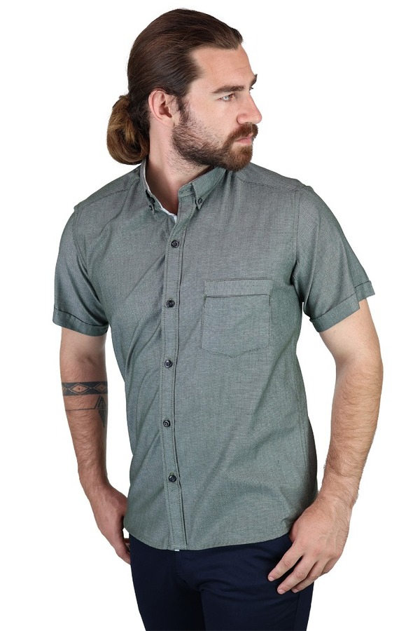 Camisa Manga Corta Verde Olivo Jaspe Con Bolsa Semi Oculta Para Caballero