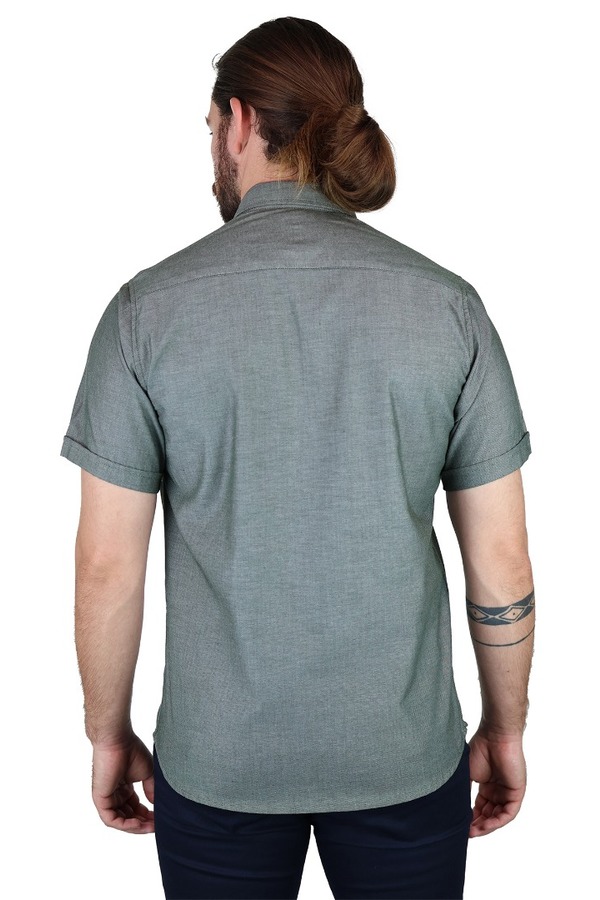 Camisa Manga Corta Verde Olivo Jaspe Con Bolsa Semi Oculta Para Caballero