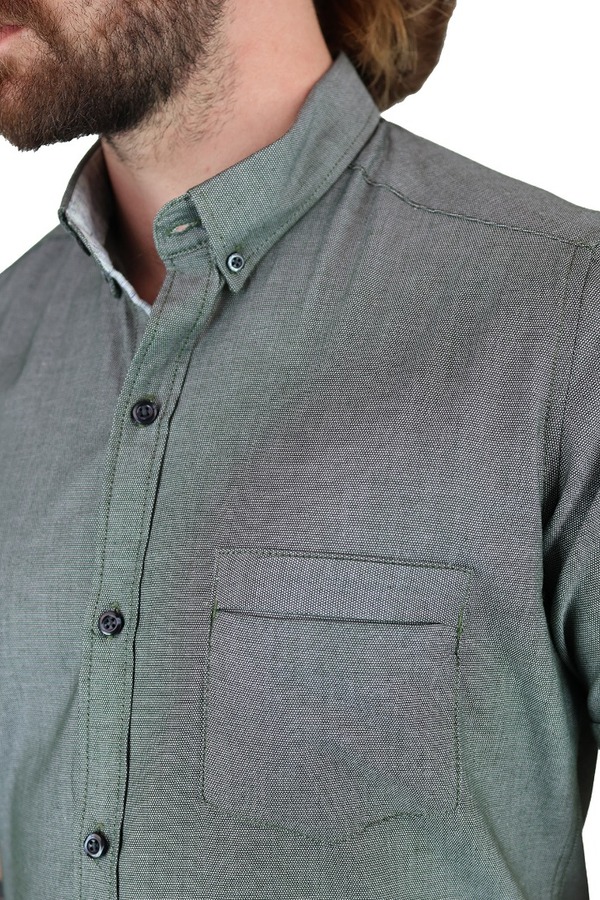 Camisa Manga Corta Verde Olivo Jaspe Con Bolsa Semi Oculta Para Caballero