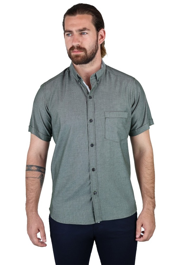 Camisa Manga Corta Verde Olivo Jaspe Con Bolsa Semi Oculta Para Caballero