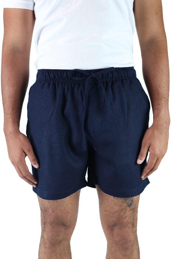 Short Textura Lino Azul Marino Cintura Ajustable Con Bolsas Para Caballero