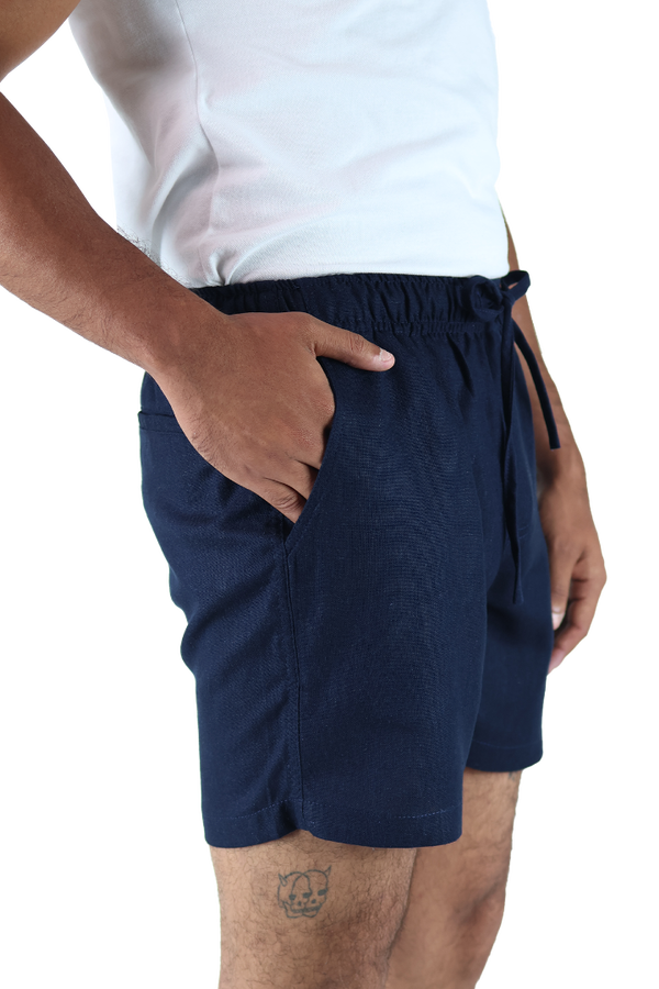 Short Textura Lino Azul Marino Cintura Ajustable Con Bolsas Para Caballero