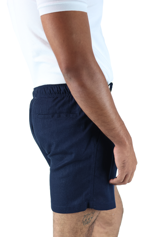 Short Textura Lino Azul Marino Cintura Ajustable Con Bolsas Para Caballero