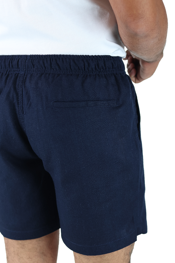Short Textura Lino Azul Marino Cintura Ajustable Con Bolsas Para Caballero