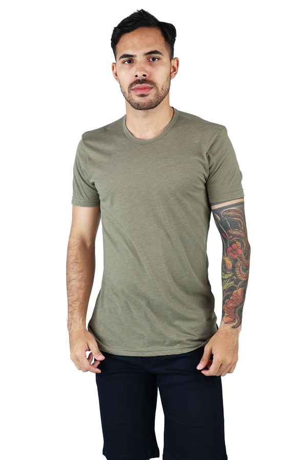 Camisa Slim Fit Manga Corta Cuello Redondo Verde Olivo Jaspe Hombre
