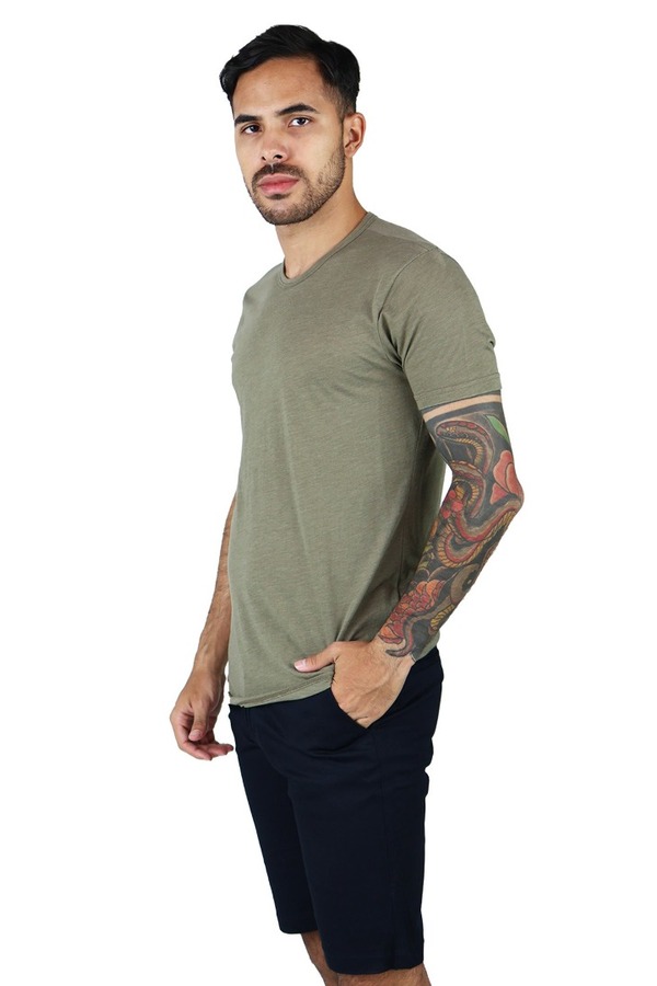 Camisa Slim Fit Manga Corta Cuello Redondo Verde Olivo Jaspe Hombre