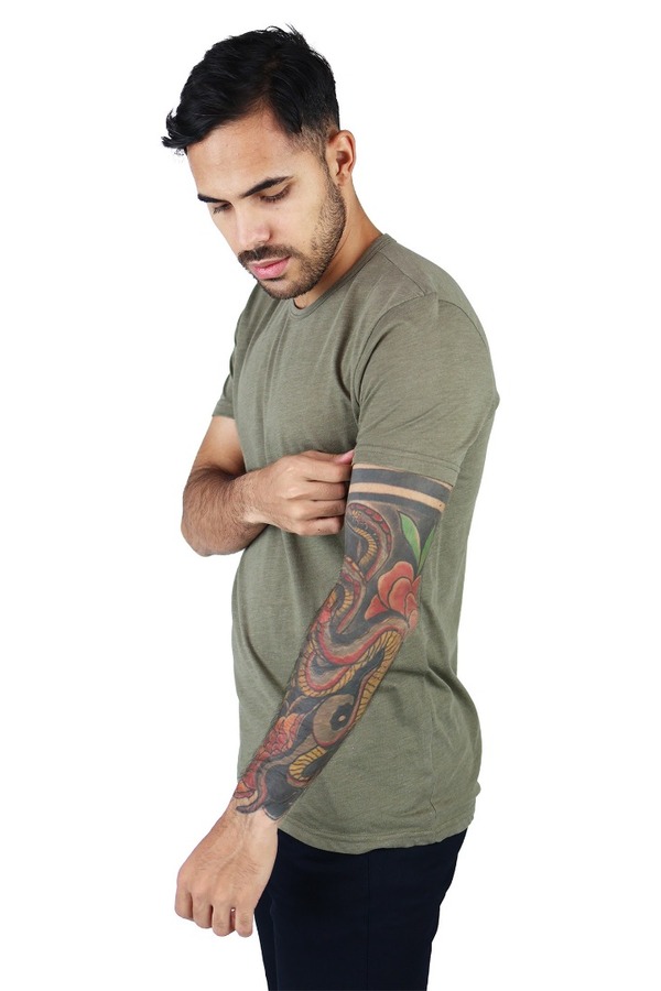 Camisa Slim Fit Manga Corta Cuello Redondo Verde Olivo Jaspe Hombre