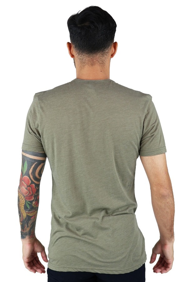 Camisa Slim Fit Manga Corta Cuello Redondo Verde Olivo Jaspe Hombre