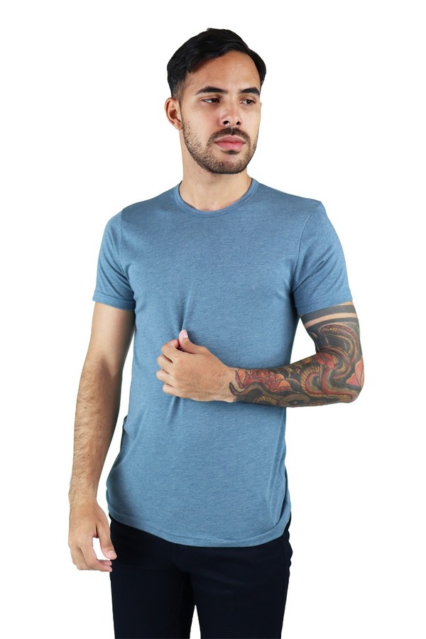 Camisa Manga Corta Azul Acero Cuello Redondo Slim Fit Para Caballero