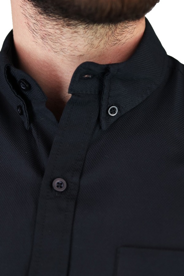 Camisa Manga Corta Color Negro Corte Regular Con Textura Para Hombre
