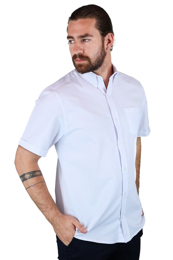 Camisa Manga Corta Blanca Corte Regular Con Bolsa Para Hombre