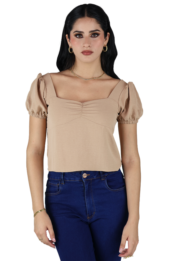 Blusa Color Caqui Escote Cuadrado Con Fruncido Manga Corta Abullonada