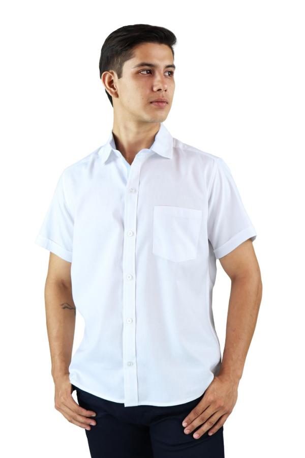 Camisa Blanca Slim Fit Manga Corta Cuello Down Con Bolsa Para Caballero