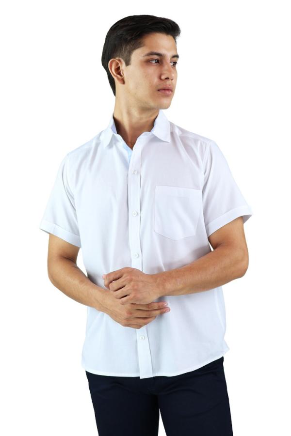 Camisa Blanca Slim Fit Manga Corta Cuello Down Con Bolsa Para Caballero