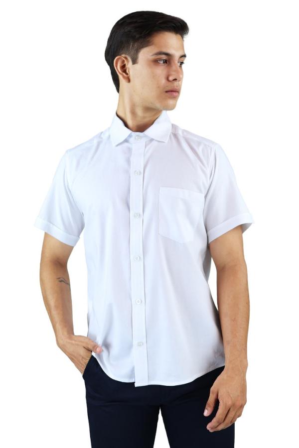 Camisa Blanca Slim Fit Manga Corta Cuello Down Con Bolsa Para Caballero