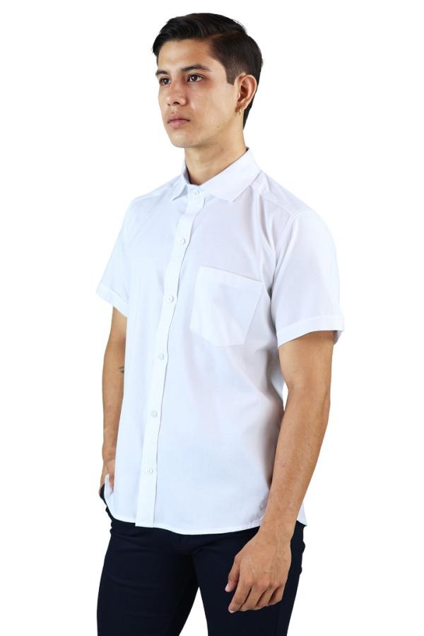 Camisa Blanca Slim Fit Manga Corta Cuello Down Con Bolsa Para Caballero