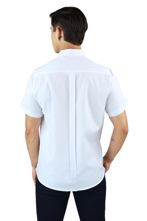 Camisa Blanca Slim Fit Manga Corta Cuello Down Con Bolsa Para Caballero
