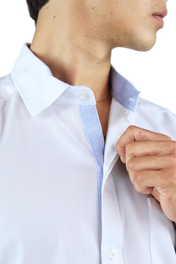 Camisa Blanca Slim Fit Manga Corta Cuello Down Con Bolsa Para Caballero