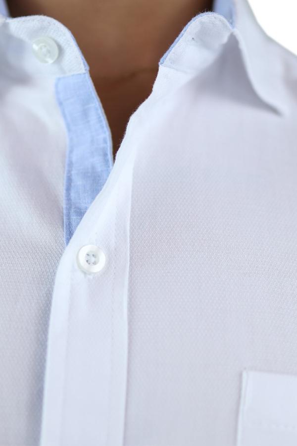 Camisa Blanca Slim Fit Manga Corta Cuello Down Con Bolsa Para Caballero