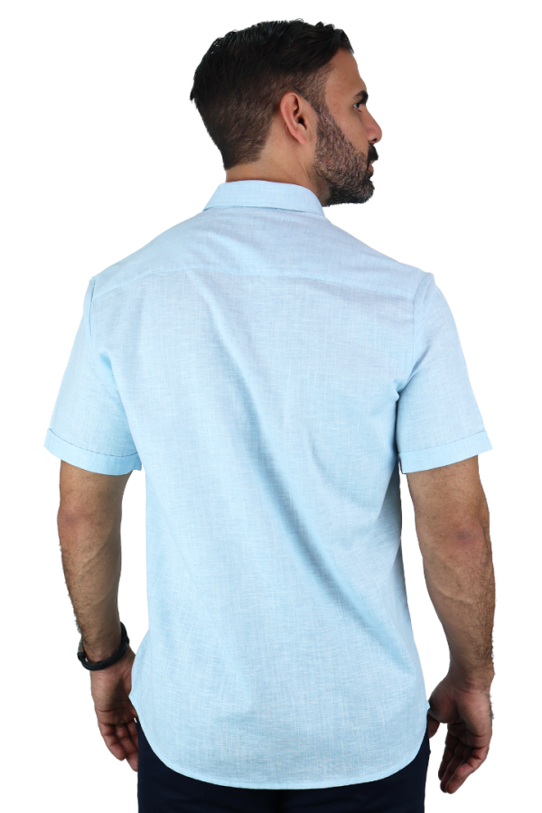 Camisa Manga Corta Verde Aqua Tipo Guayabera Cuello Italiano Para Hombre