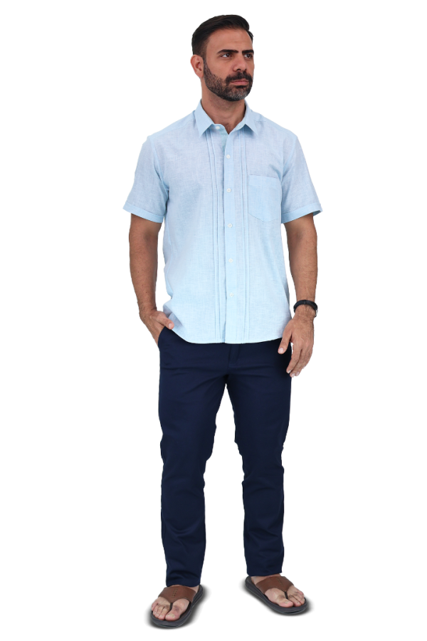 Camisa Manga Corta Verde Aqua Tipo Guayabera Cuello Italiano Para Hombre