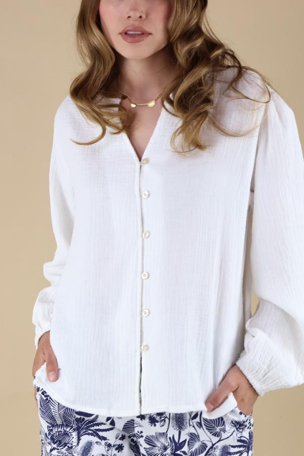 Blusa Blanca Casual de Algodón Cuello V Manga Larga Elegancia Para Mujer