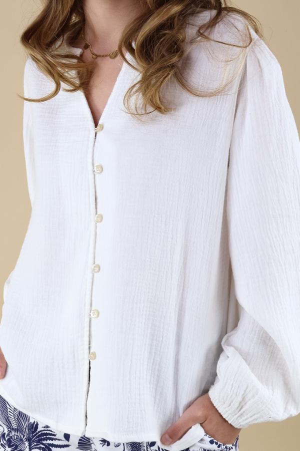 Blusa Blanca Casual de Algodón Cuello V Manga Larga Elegancia Para Mujer