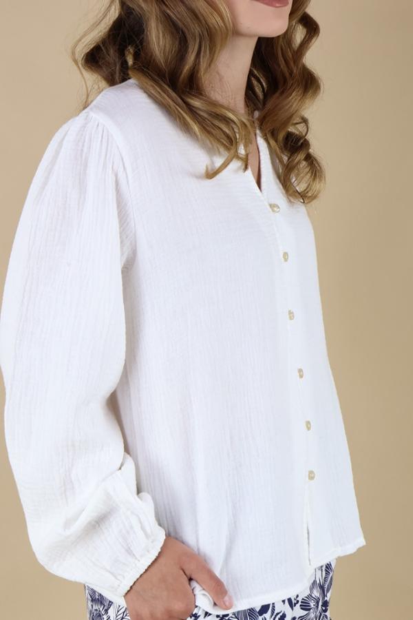 Blusa Blanca Casual de Algodón Cuello V Manga Larga Elegancia Para Mujer