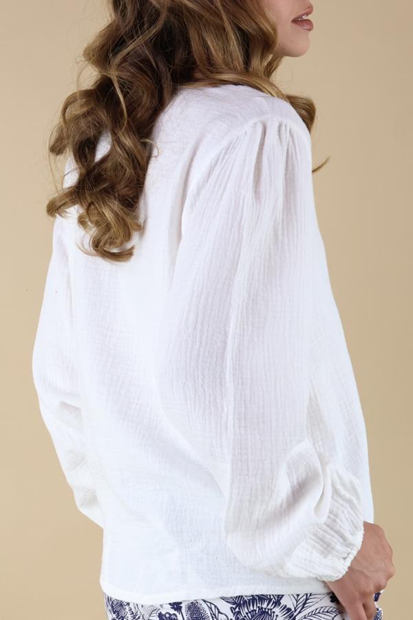 Blusa Blanca Casual de Algodón Cuello V Manga Larga Elegancia Para Mujer