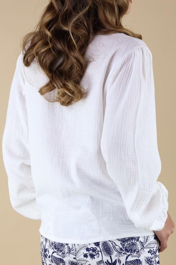 Blusa Blanca Casual de Algodón Cuello V Manga Larga Elegancia Para Mujer