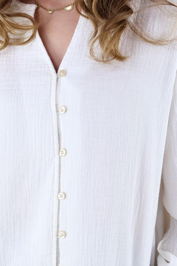 Blusa Blanca Casual de Algodón Cuello V Manga Larga Elegancia Para Mujer
