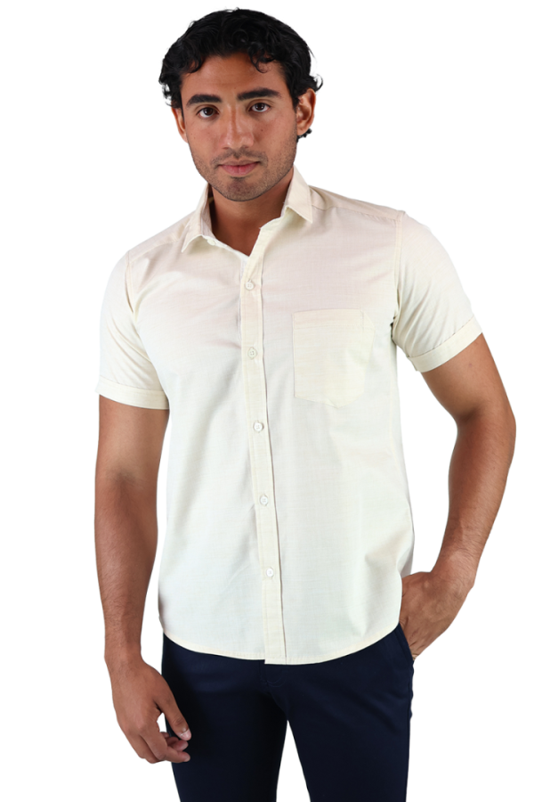 Camisa Manga Corta Color Arena Cuello Italiano Slim Fit Para Caballero