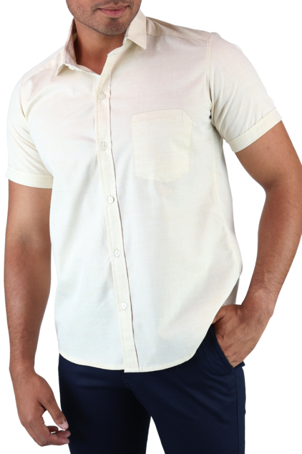 Camisa Manga Corta Color Arena Cuello Italiano Slim Fit Para Caballero