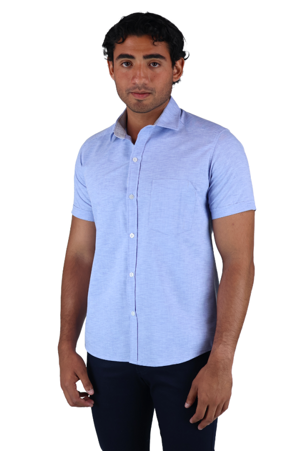 Camisa Manga Corta Azul Con Bolsa Y Aditamento Para Bolígrafo Slim Fit
