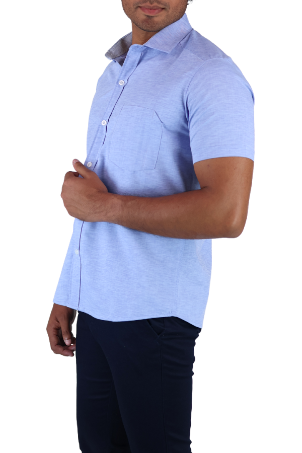 Camisa Manga Corta Azul Con Bolsa Y Aditamento Para Bolígrafo Slim Fit