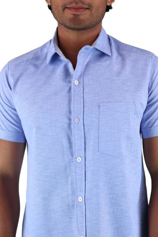 Camisa Manga Corta Azul Con Bolsa Y Aditamento Para Bolígrafo Slim Fit