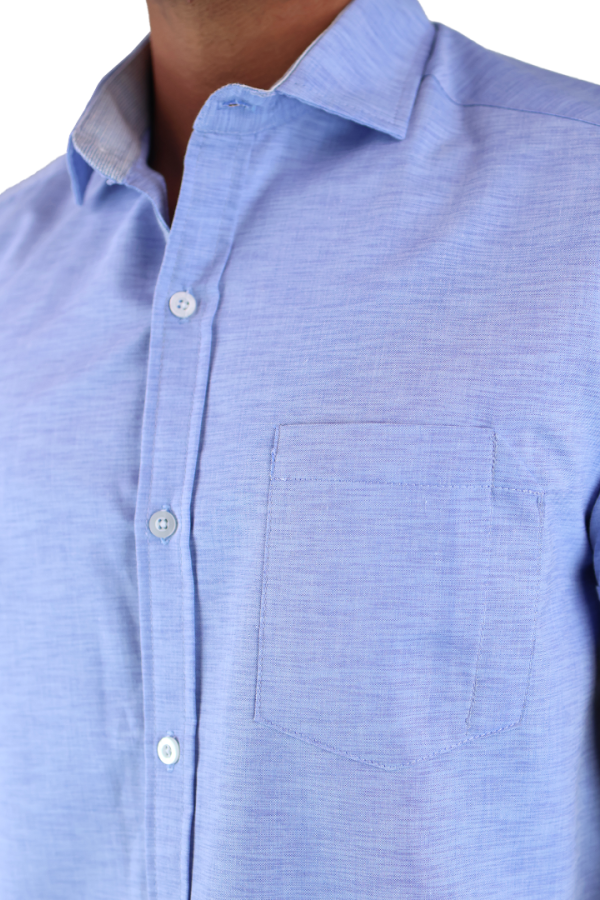 Camisa Manga Corta Azul Con Bolsa Y Aditamento Para Bolígrafo Slim Fit