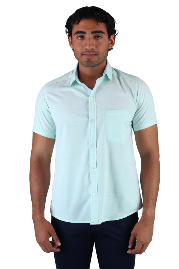 Camisa Slim Fit Cuello Italiano Manga Corta Verde Agua Para Hombre