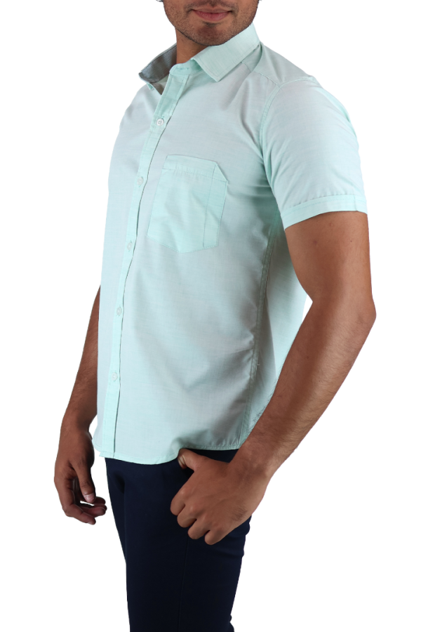 Camisa Slim Fit Cuello Italiano Manga Corta Verde Agua Para Hombre