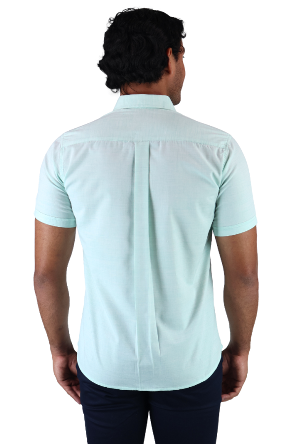 Camisa Slim Fit Cuello Italiano Manga Corta Verde Agua Para Hombre
