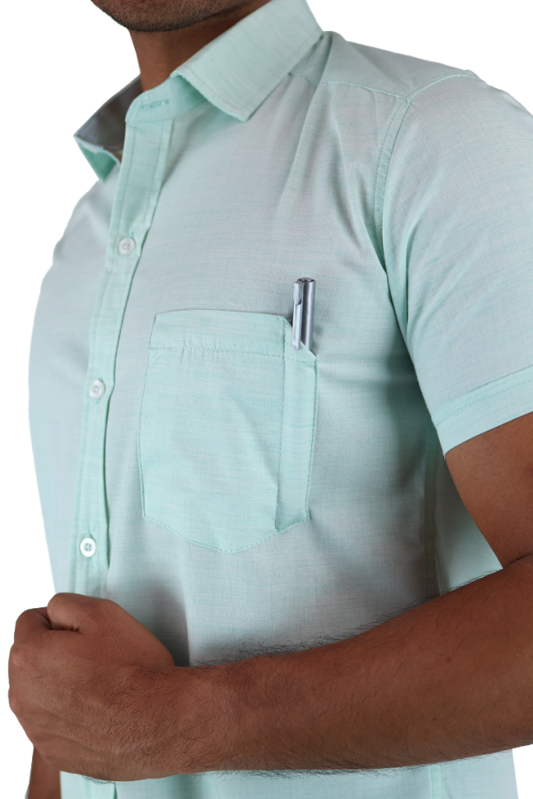 Camisa Slim Fit Cuello Italiano Manga Corta Verde Agua Para Hombre