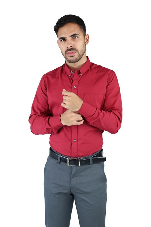 Camisa Roja Manga Larga De Vestir Para Hombre Slim Fit Estilo Casual