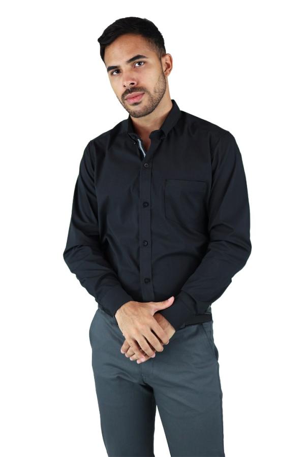 Camisa Negra Manga Larga De Vestir Para Hombre Estilo Casual Slim Fit