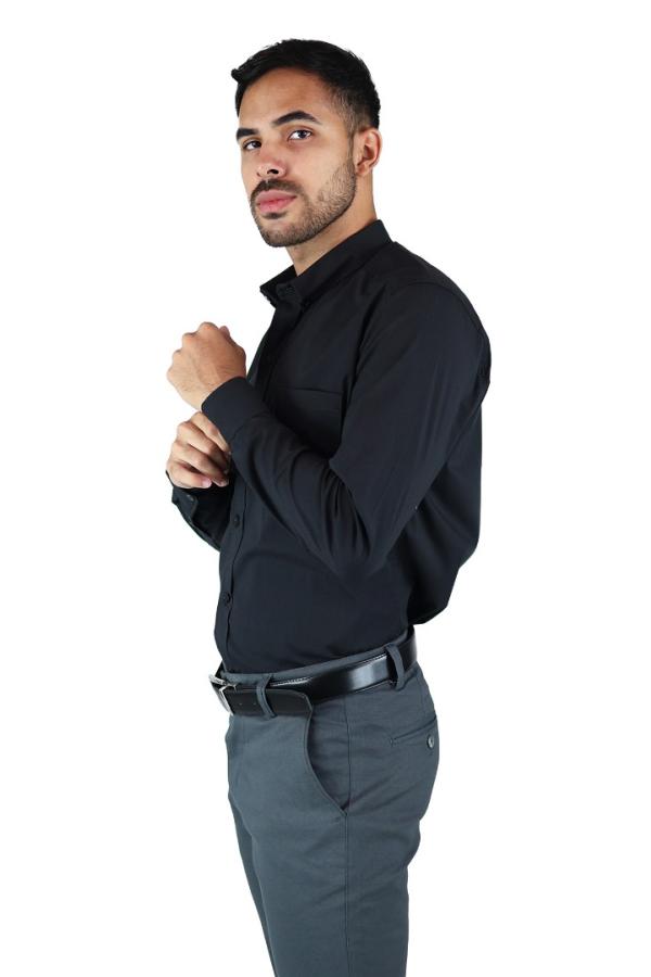 Camisa Negra Manga Larga De Vestir Para Hombre Estilo Casual Slim Fit