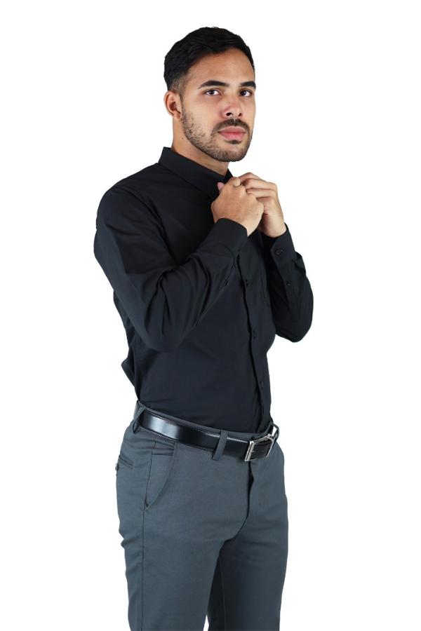 Camisa Negra Manga Larga De Vestir Para Hombre Estilo Casual Slim Fit