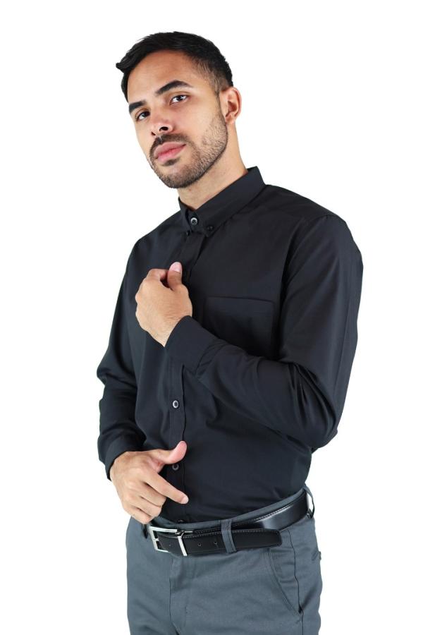 Camisa Negra Manga Larga De Vestir Para Hombre Estilo Casual Slim Fit
