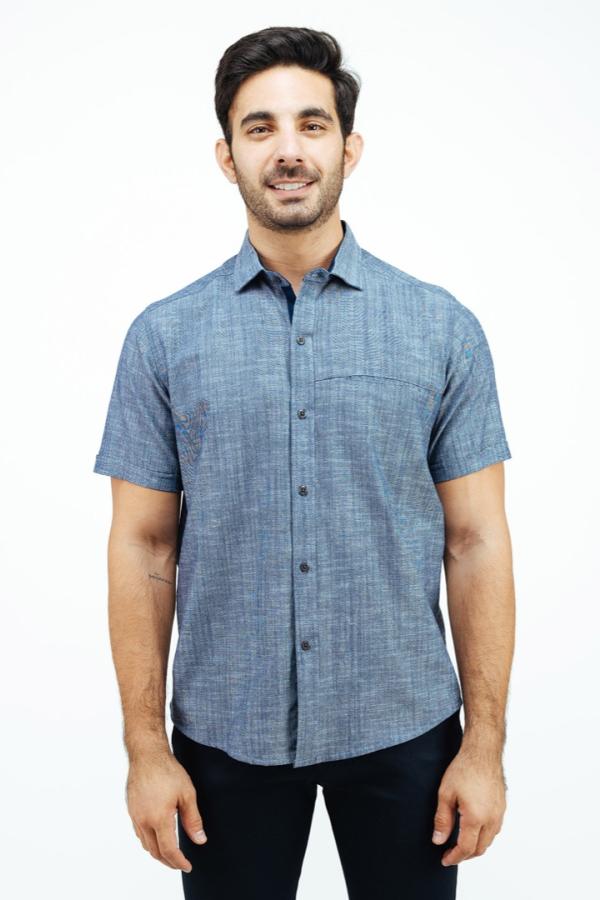 Camisa Manga Corta Color Azul Marino Jaspe Bolsa Oculta Para Hombre