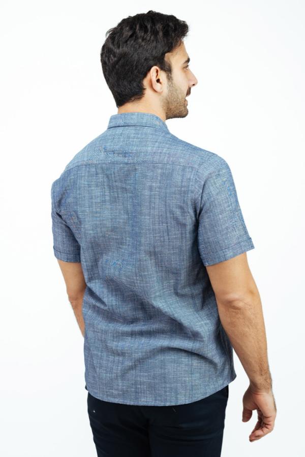 Camisa Manga Corta Color Azul Marino Jaspe Bolsa Oculta Para Hombre